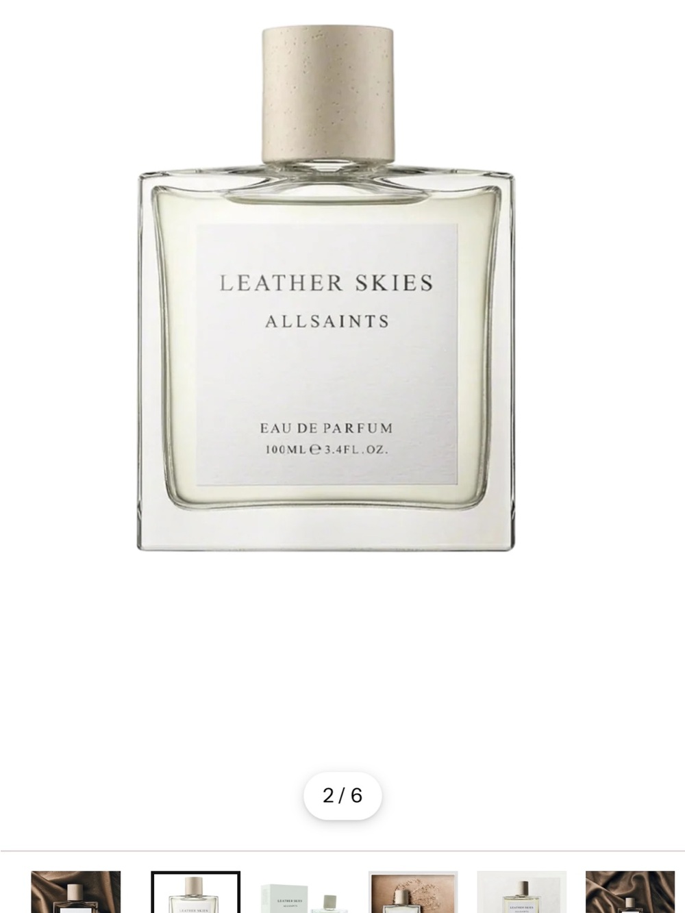 AllSaints Leather Skies eau de Parfum 3.4 oz Clear Bottle with Cream Cap - Picture 3 of 5